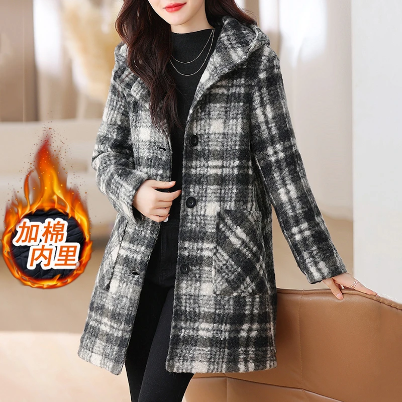 加厚加棉女装呢大衣连帽秋冬季洋气时尚宽松韩版中长格子毛呢外套