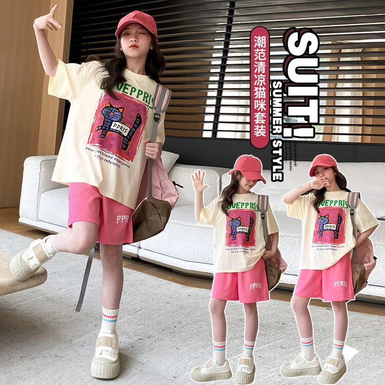女童套装夏装短袖两件套2025中大童夏季多巴胺套装女孩8-14岁休闲