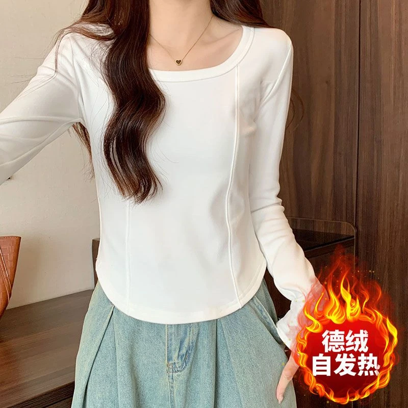80-200斤德绒正肩U领上衣T恤女保暖显瘦内搭大码打底衫遮肚子长袖