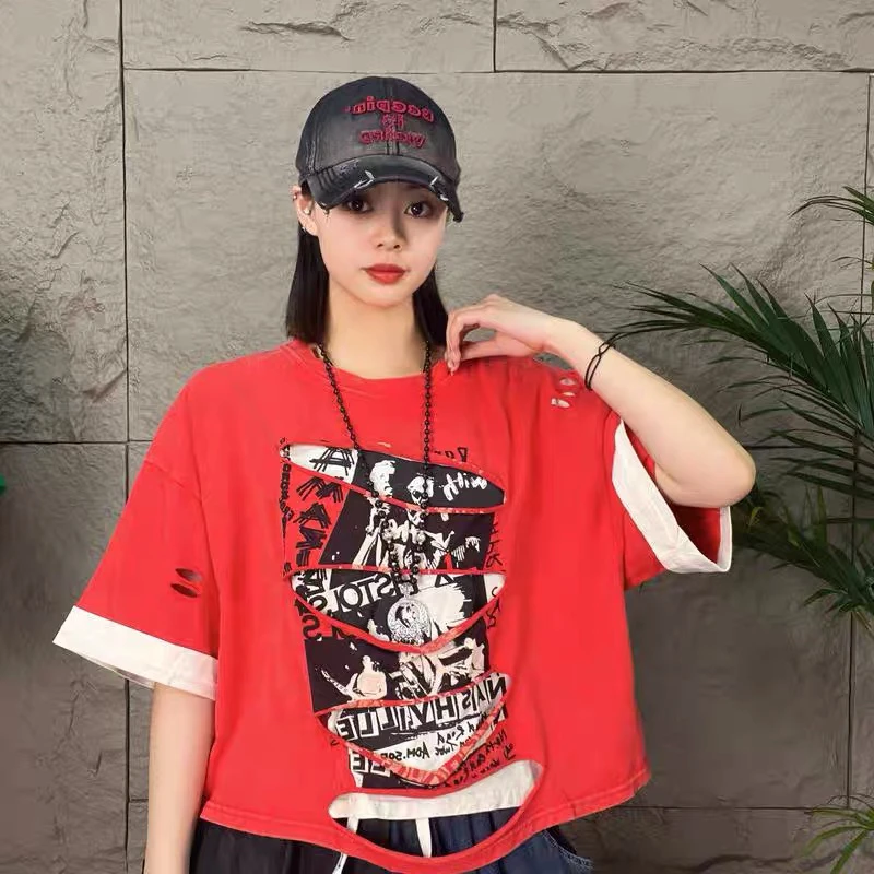 宽松潮流圆领破洞印花个性半袖随机款随机色