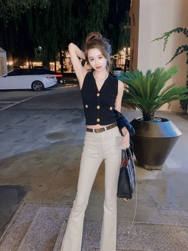 【茹哥】新款前兜盖修身中高腰显瘦米白色喇叭裤