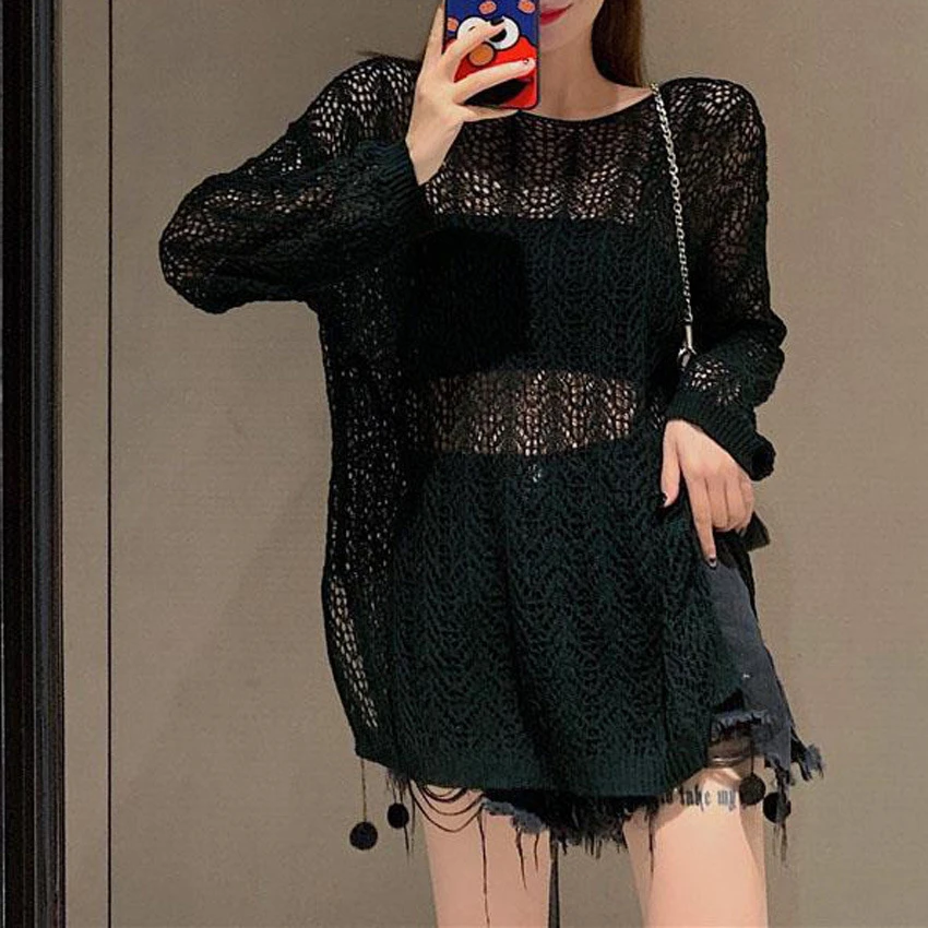 春夏季薄款时尚镂空毛衣女宽松慵懒风长袖防晒百搭中长款针织罩衫