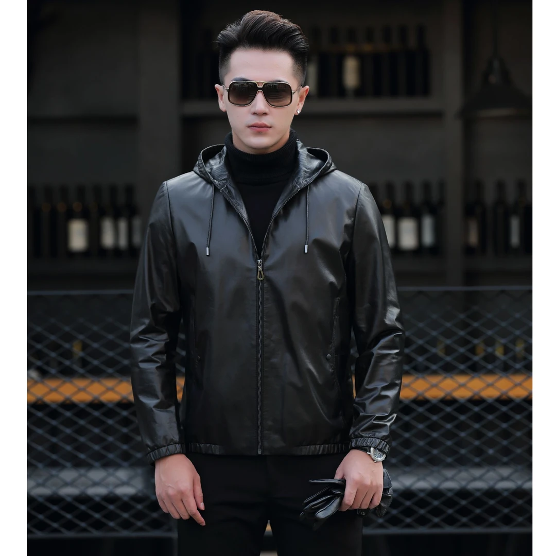 SK-E牛皮鹅绒服海宁头层真皮皮衣男士短款休闲连帽夹克外套2024