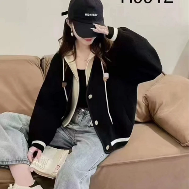 秋冬外套洋气连帽假两件棒球服小个子长袖学院风拼色针织开衫上衣