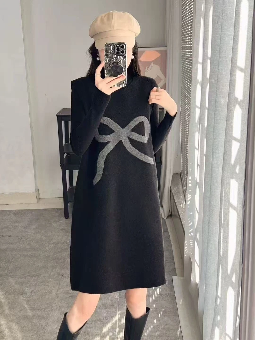 慵懒风毛衣连衣裙两件套2024秋冬打底衫A版蝴蝶结连衣裙宽松套装