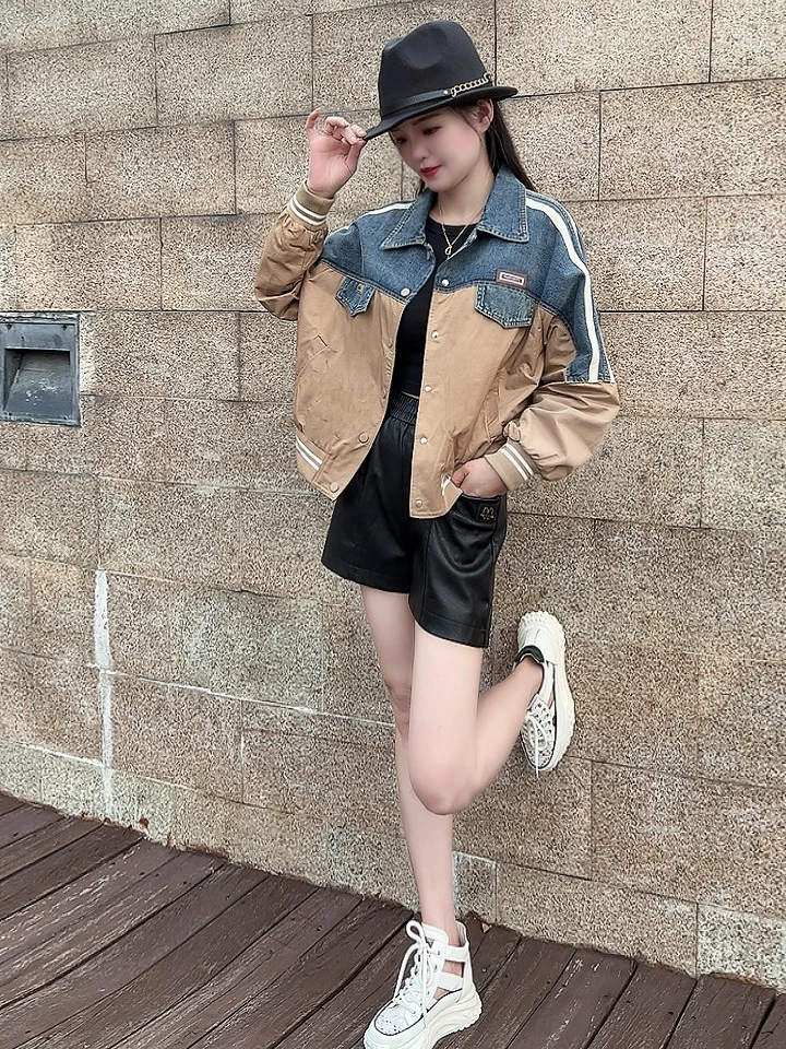 韩版撞色牛仔拼接棒球服女2023秋季新款设计感休闲短款夹克外套