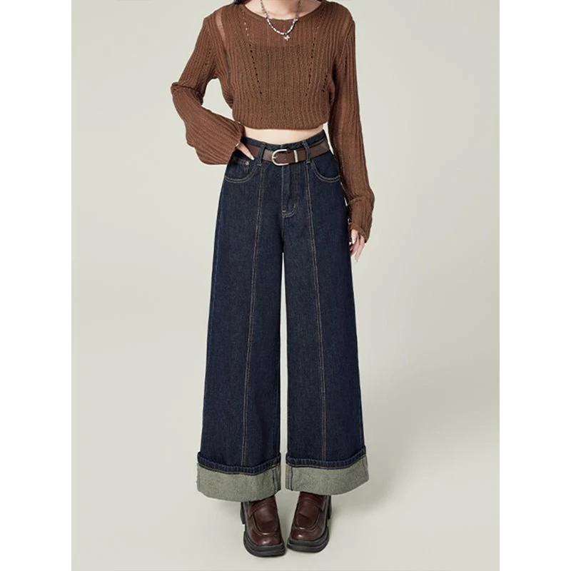 2-300斤胖mm秋冬大码复古翻边阔腿牛仔裤女高腰遮肉宽松九分裤