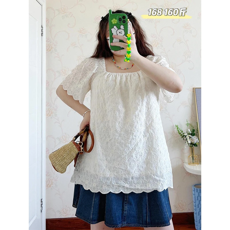 300斤特大码减龄法式方领衬衫女夏季胖mm设计感显瘦宽松短袖上衣