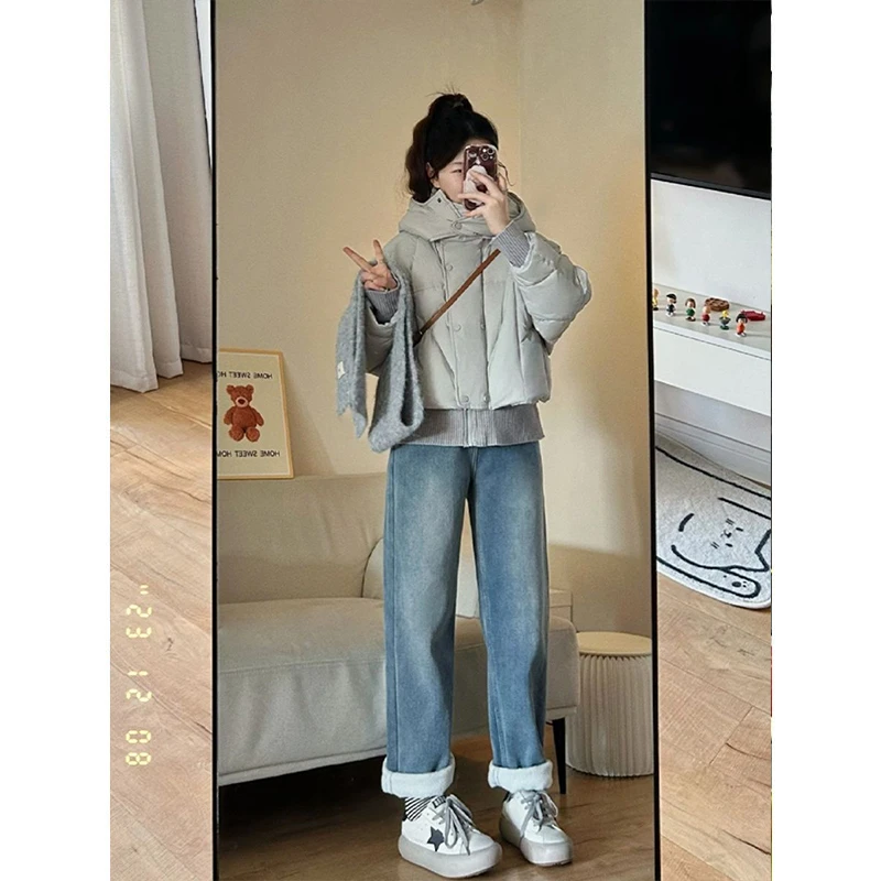 2-300斤胖mm秋冬新款加绒加厚牛仔直筒裤宽松显瘦梨形身材阔腿裤