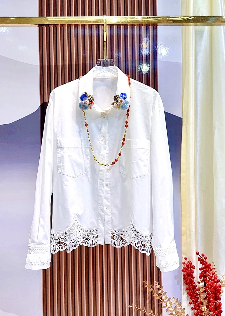 【少女心事】时尚百搭优雅纯色重工钉珠秋冬新款蕾丝衬衫上衣