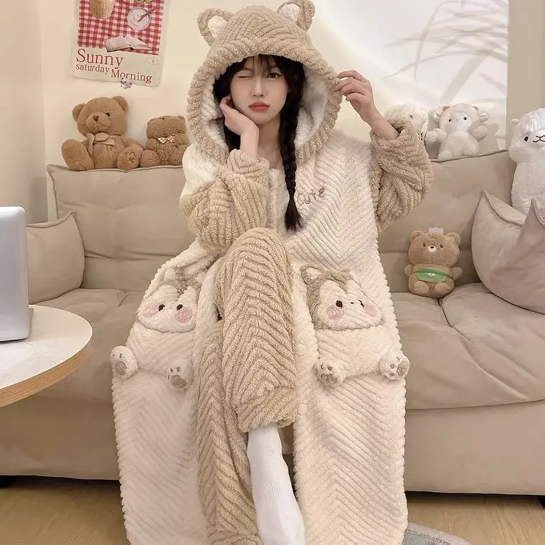 秋冬季睡衣女加绒加厚保暖卡通学生北糕绒可爱卡通睡袍长款可外穿