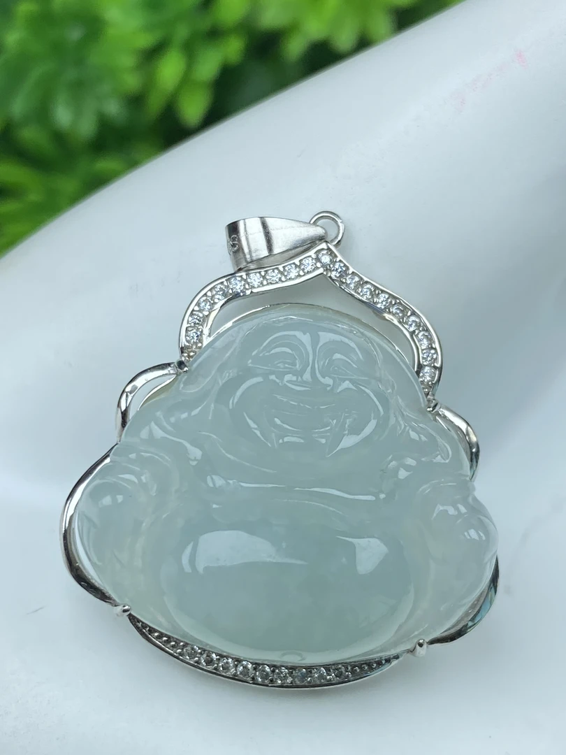 镶嵌天然翡翠大肚笑佛吊坠男女弥勒佛玉项链送妈妈佳品高冰时尚
