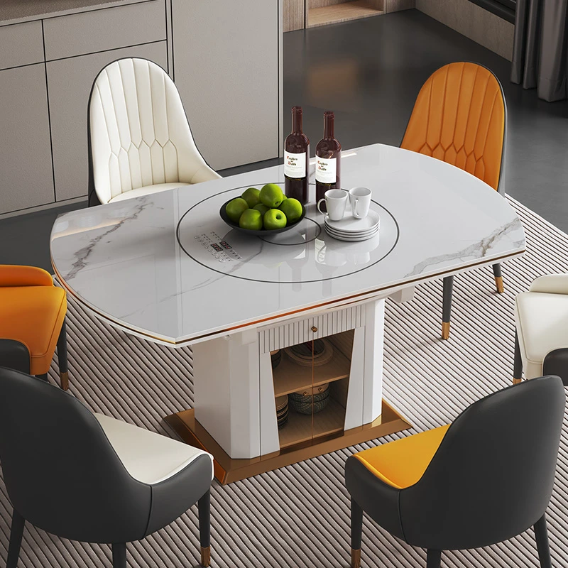 轻奢多功能可变圆形电磁炉暖菜内嵌式岩板转盘餐桌椅组合大小户型