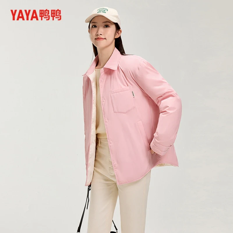 YAYA鸭鸭双面穿衬衫羽绒服简约版男女同款保暖秋冬
