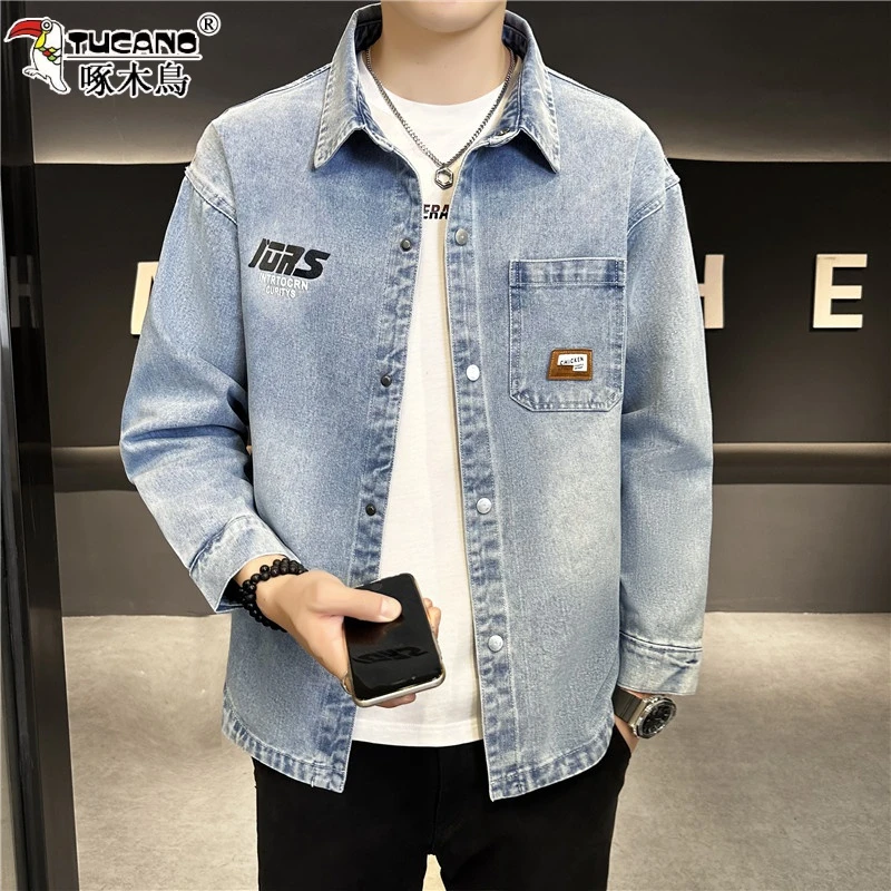 啄木鸟牛仔衬衫男长袖春夏季薄款宽松上衣服夹克休闲印花衬衣外套