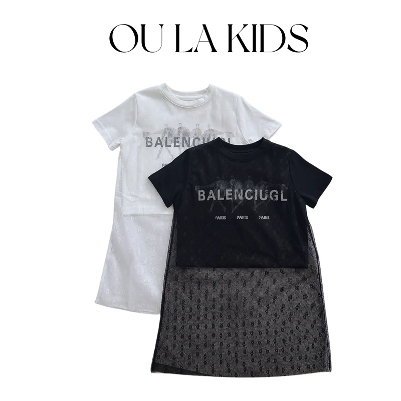 2024夏季新款女大童装字母印花拼接网纱透明蕾丝假两件T恤24399