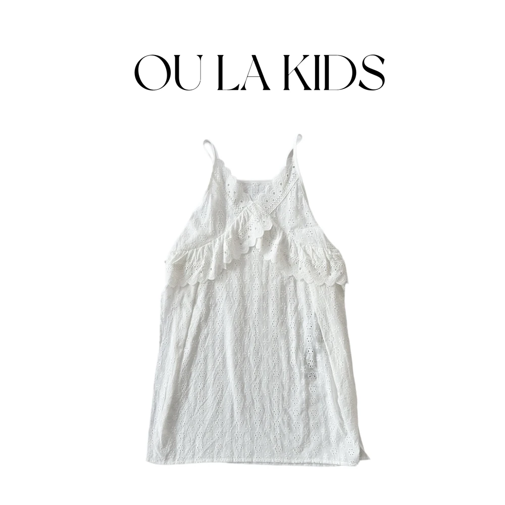 2024夏季新品女童韩版甜美设计感开叉花边微镂空童装吊带裙SP3321