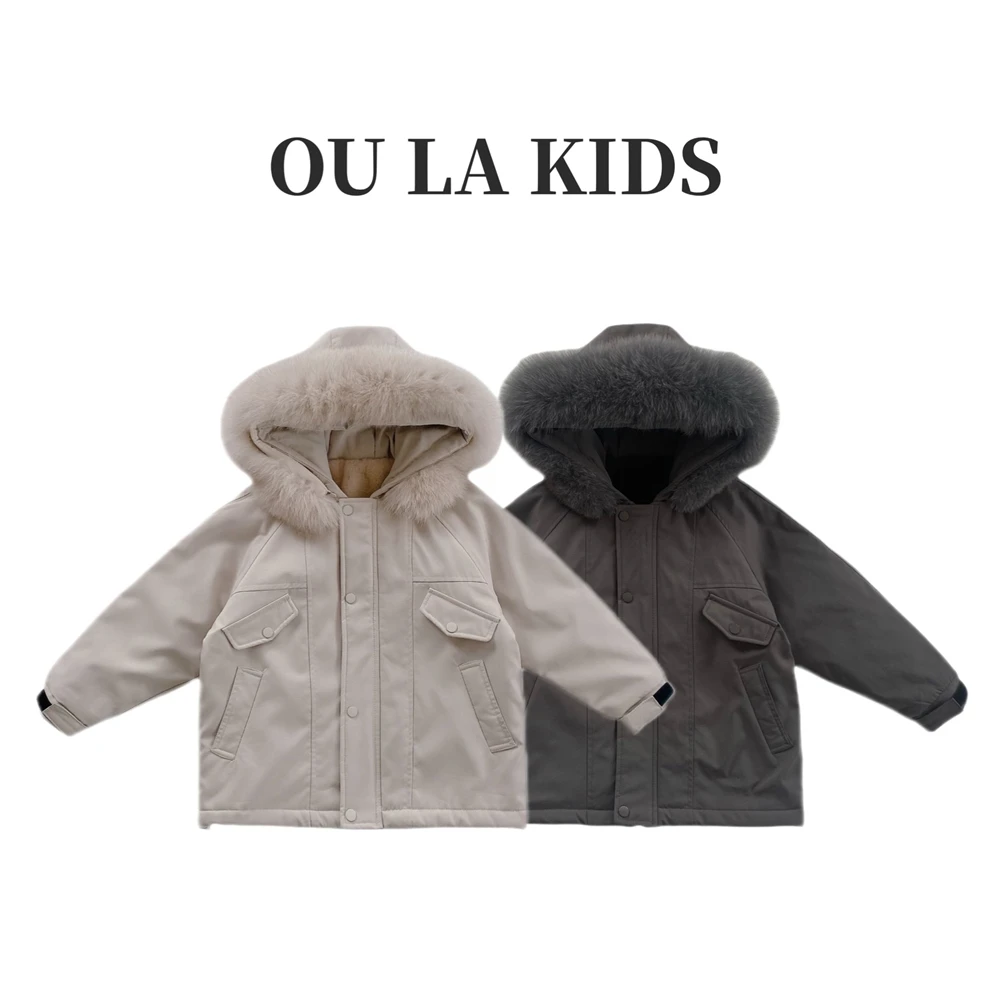 2024冬季新品女童韩版简约连帽狐狸毛派克服夹棉百搭外套85882