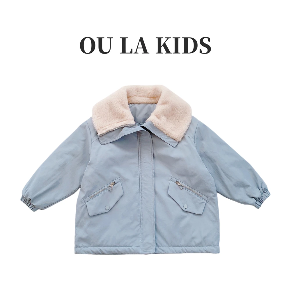 2024冬季新品女童韩版拼接羊羔毛翻领夹棉派克童装棉服外套91363