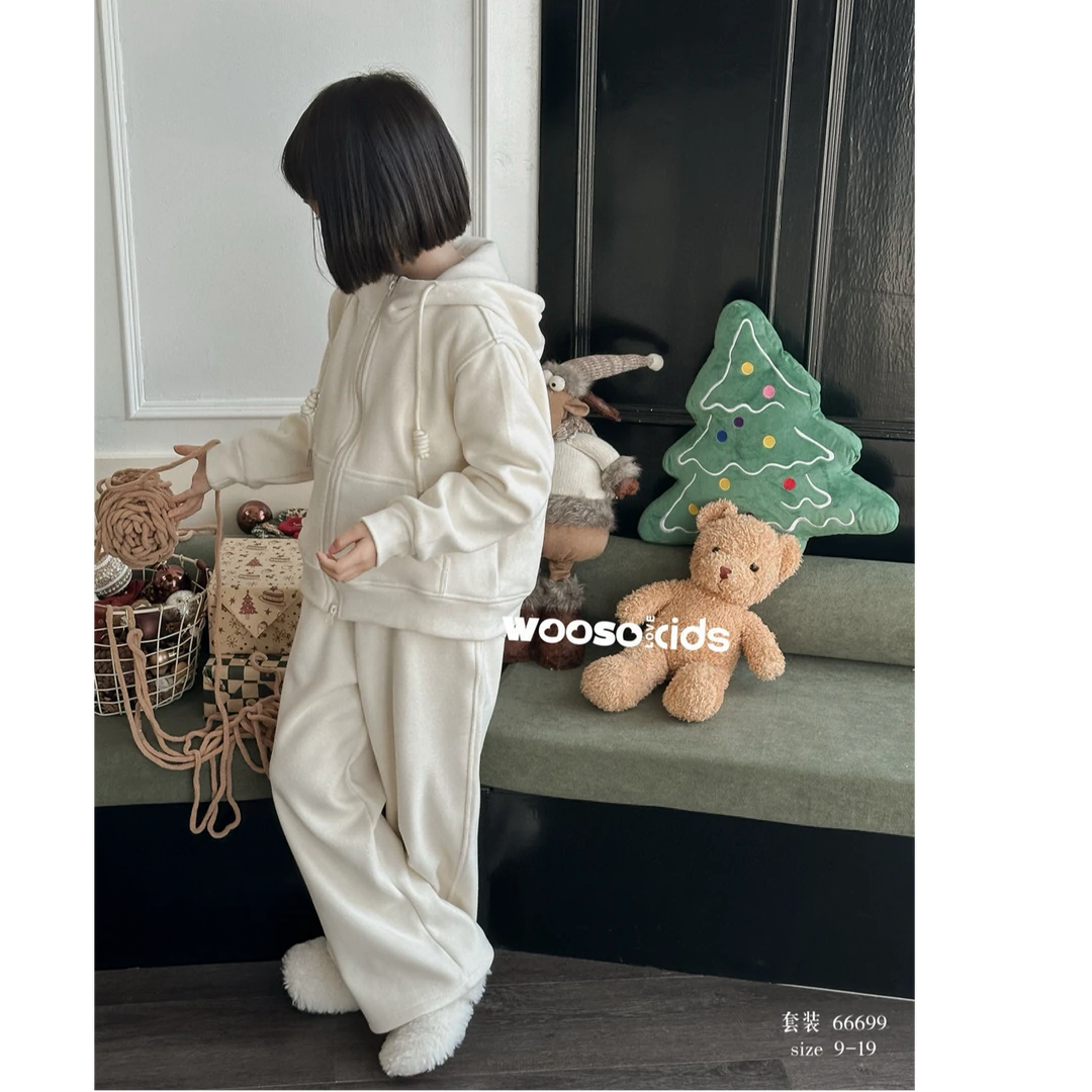 22024冬季新品女童韩版连帽加绒卫衣外套百搭直筒裤童装套装66699