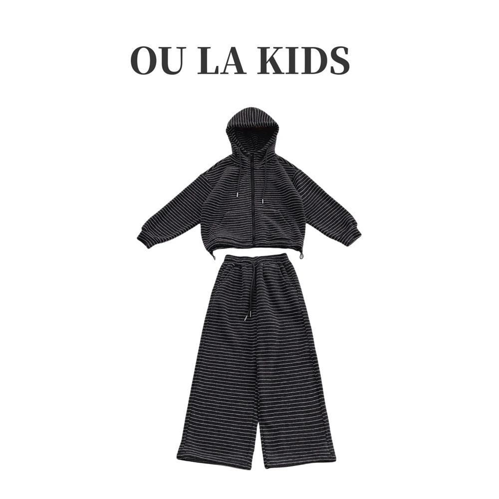 12024冬季新品女童韩版条纹连帽加绒外套百搭直筒裤童装套装24535