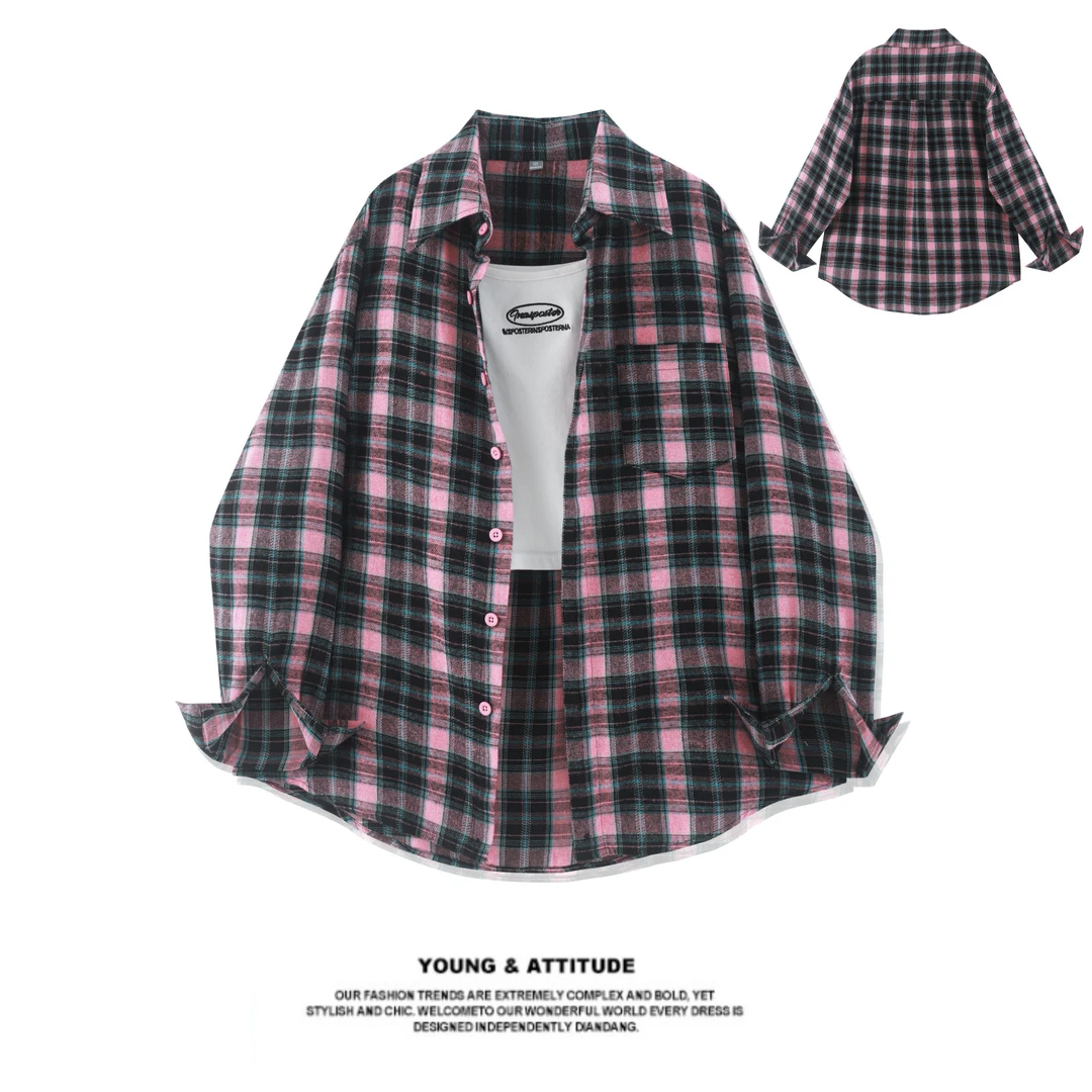 粉色初秋格子2024新款春秋长袖衬衫外套开衫外搭早秋衬衣内衬上衣