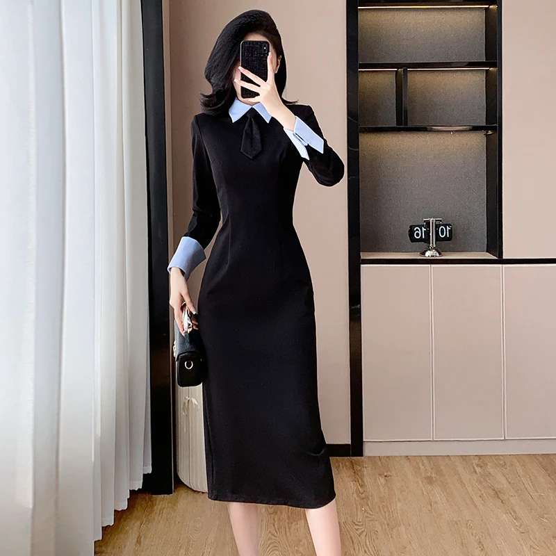 2024秋季新款高级感名媛OL气质修身撞色领带polo领长款显瘦连衣裙