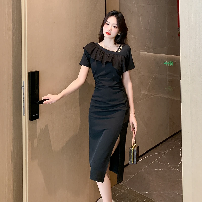 设计感收腰显瘦荷叶边连衣裙不规则开叉长裙2024夏季新款黑色长裙