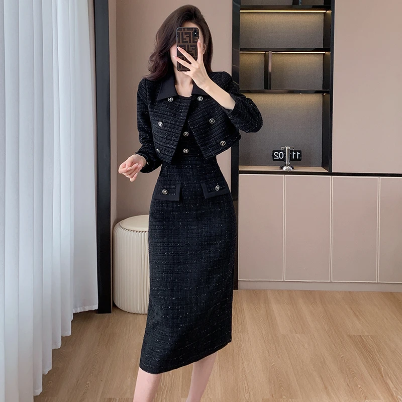 小香风两件套装女秋装新款法式复古名媛气质赫本风收腰显瘦连衣裙