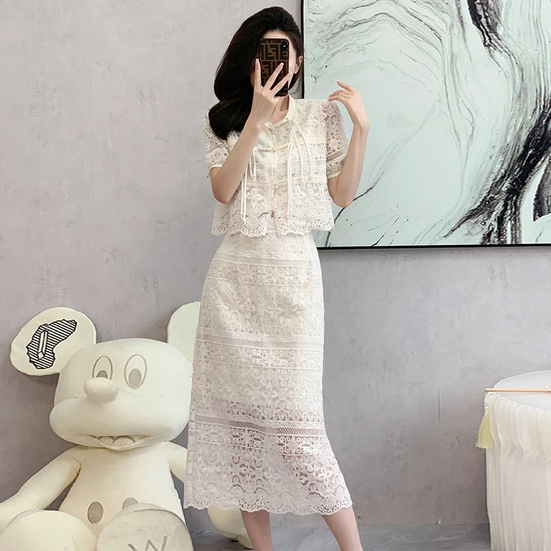 2024夏季新款时尚蕾丝气质盘扣套装新中式风甜美上衣半身裙两件套