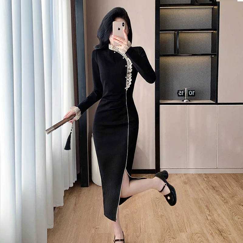 2024年秋季新款高级感名媛风气质蕾丝拼接优雅修身显瘦开叉连衣裙