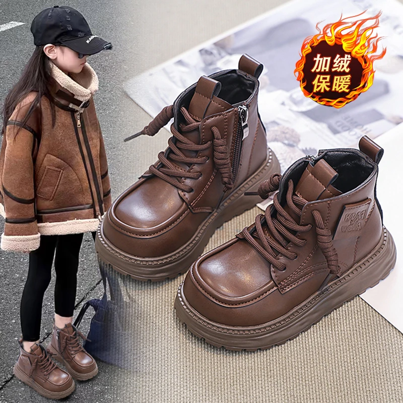 ABC女童加绒马丁靴儿童公主风二棉皮靴2025冬季百搭休闲大棉棉靴