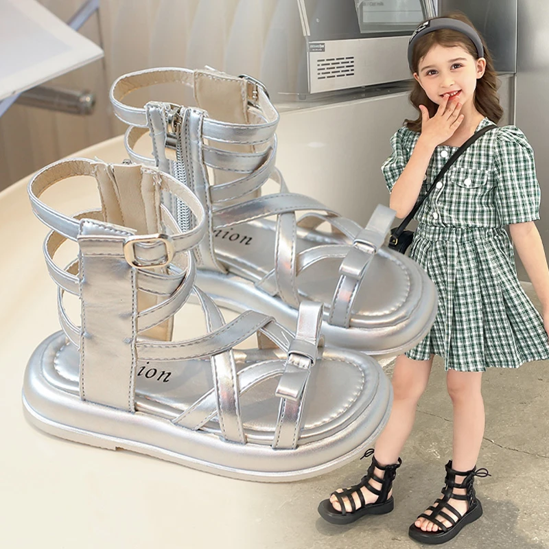 ABC女童夏季编织凉鞋2024儿童新款银色百搭公主凉鞋中大童软底鞋