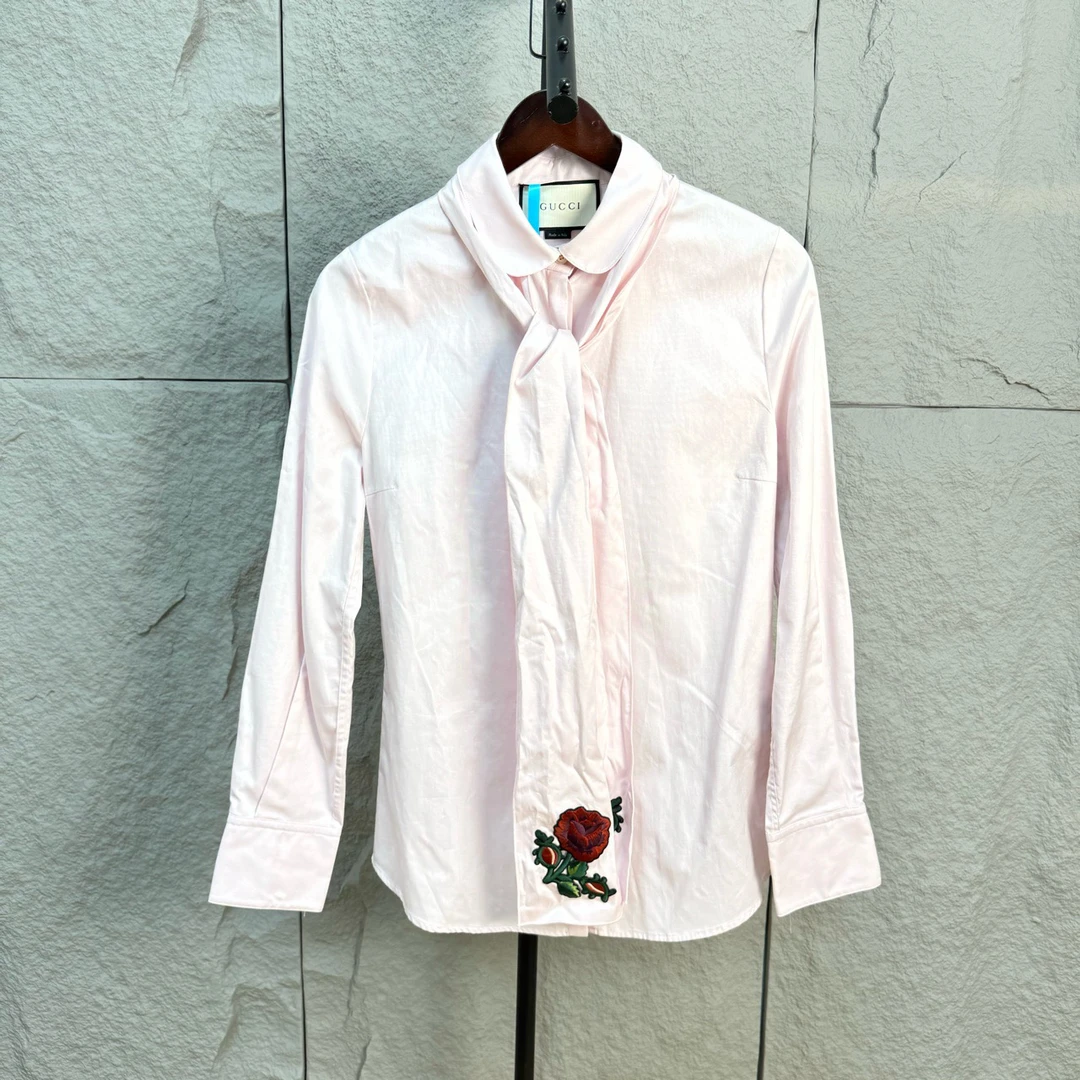 99新 GUCCI/古驰 刺绣玫瑰粉衬衫 44码 YS000528