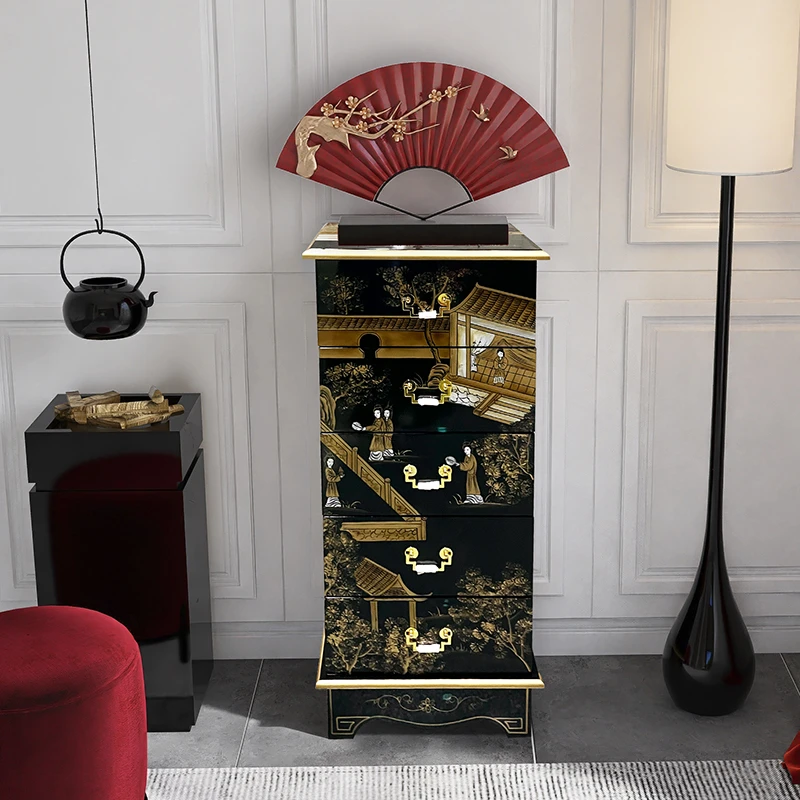 新中式实木复古五斗柜小户型彩绘手绘客厅卧室收纳柜进门玄关边柜