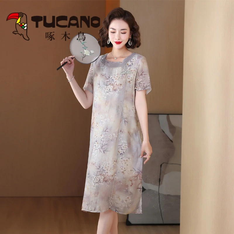 啄木鳥中年洋气妈妈连衣裙中国风改良旗袍气质中老年女夏季棉麻刺
