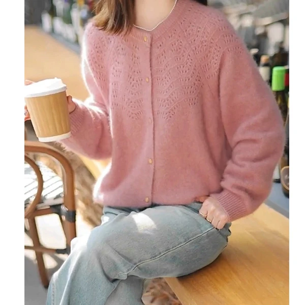 【粉色钩花】长袖针织衫宽松显瘦休闲时尚百搭圆领针织开衫
