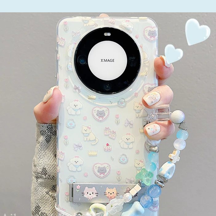 适用于华为mate60pro+新款手机壳蓝色猫咪小狗苹果15/14/13折支架