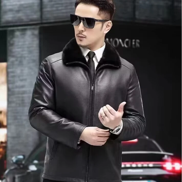 【官方严选】海宁男士真皮山羊皮水貂皮衣秋冬翻领保暖休闲商务YM15