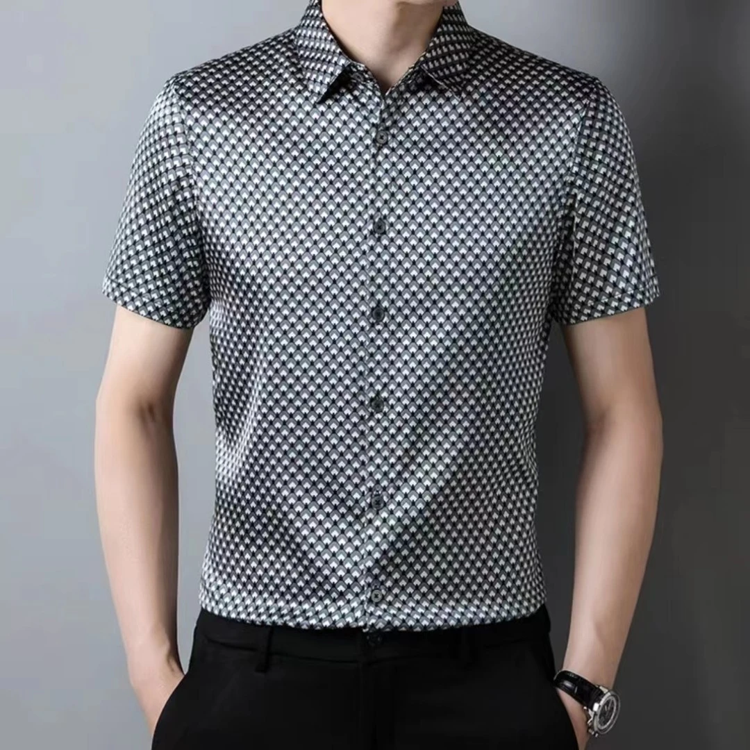 高端男士桑蚕丝衬衫轻奢时尚商务男装休闲修身短袖夏季衬衣66889