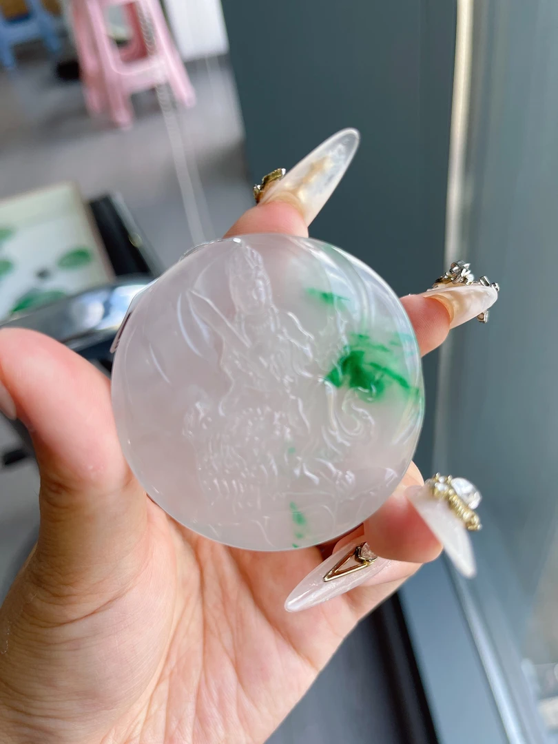 非洲翠高品质高冰飘花手工吊坠冰透精雕