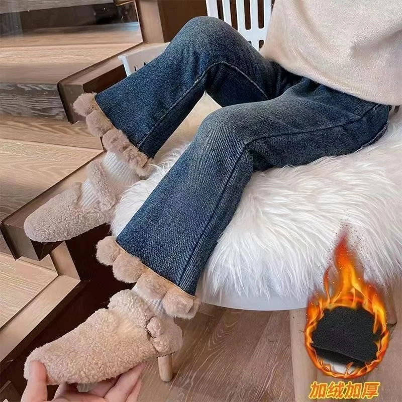 （冬季上新）女童裤子冬季新款加绒一体绒女宝喇叭裤百搭牛仔裤洋气