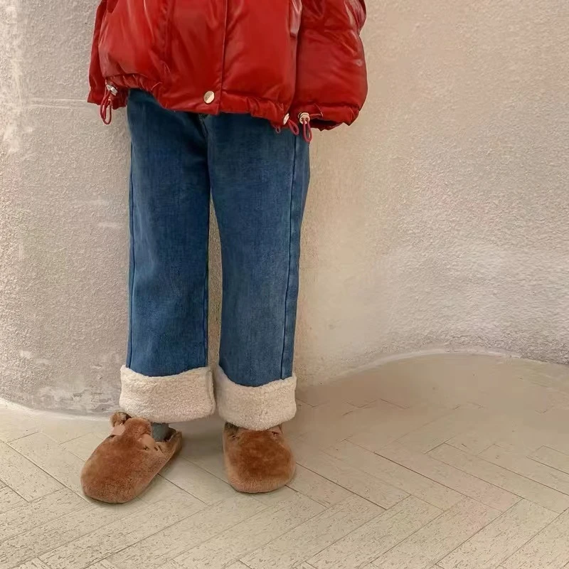 Br09韩系女童毛毛拼接一体绒牛仔裤中小童加绒女宝宝加绒牛仔裤