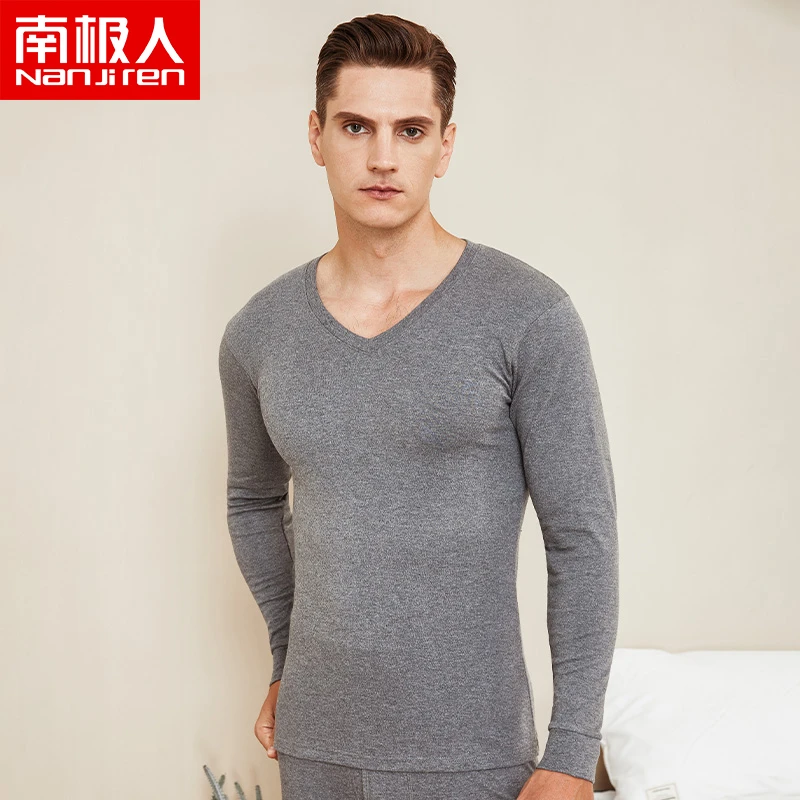 南极人纯棉抗菌男士保暖内衣V领薄打底内穿棉毛衫秋衣上装冬季