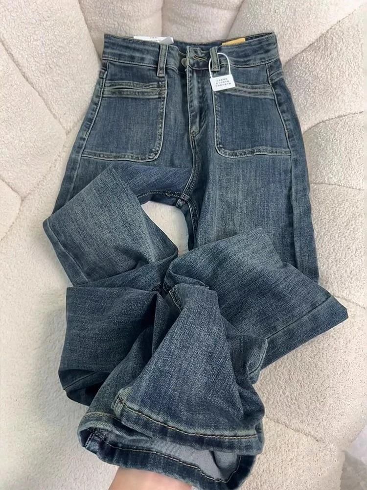 小个子高腰阔腿拖地牛仔裤女显高八分直筒复古设计