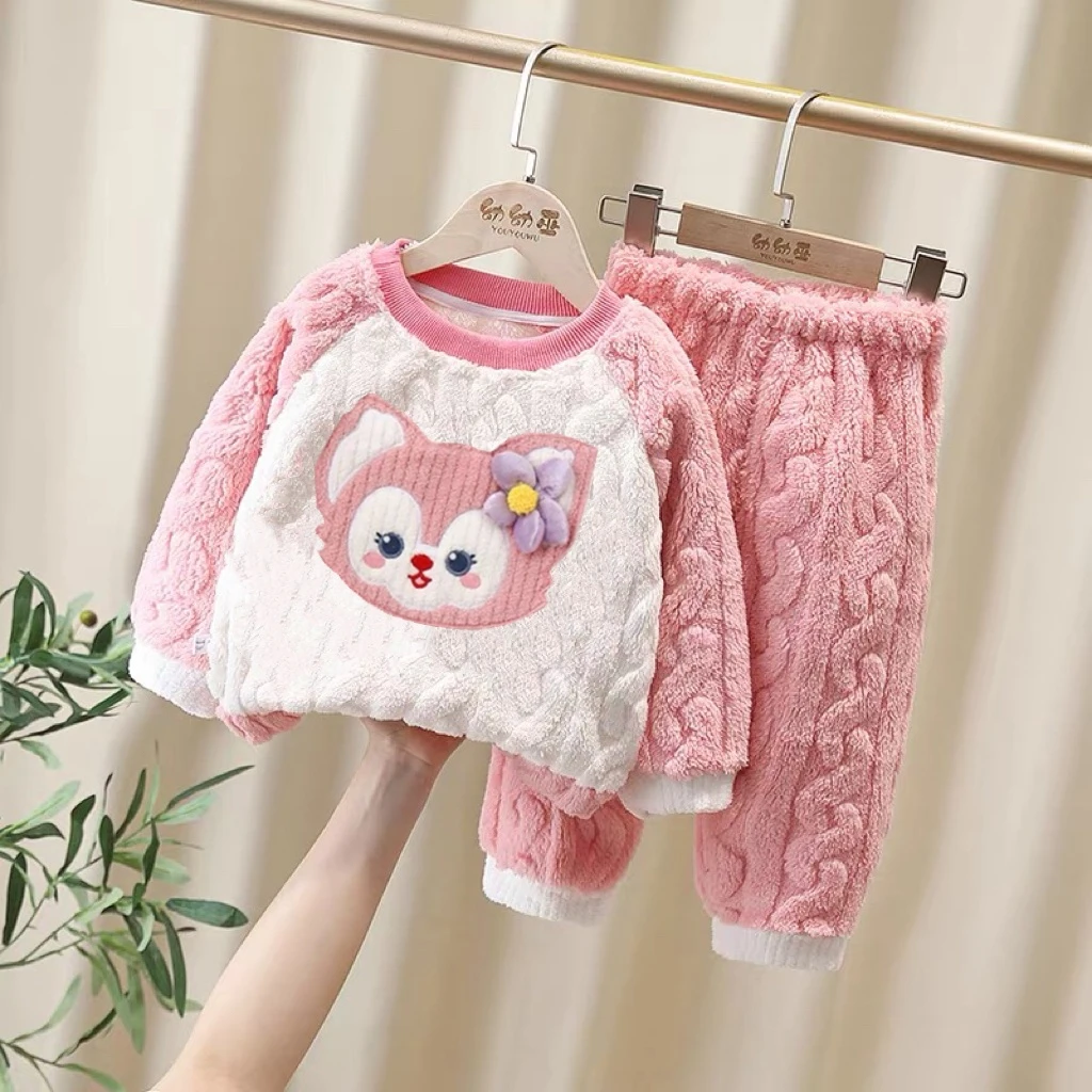 儿童睡衣女童宝宝秋冬加厚保暖卡通可爱家居服女孩珊瑚法兰绒套装