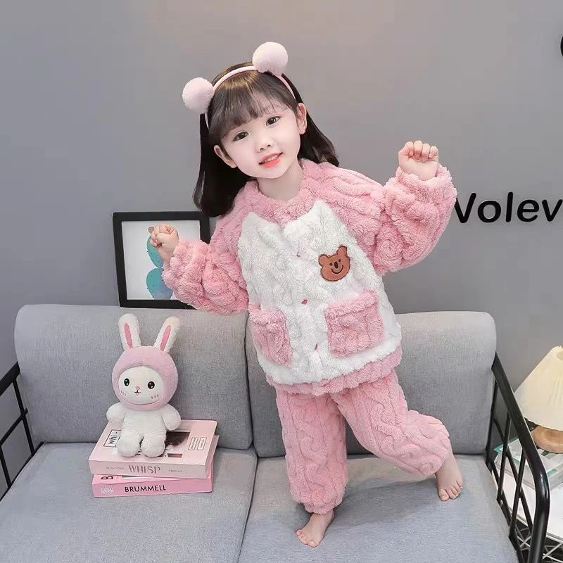 儿童宝宝秋冬季法兰绒加厚珊瑚保暖家居服女童法兰绒对门睡衣套装