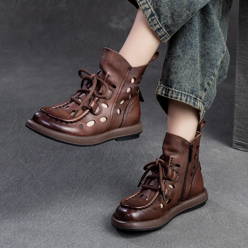 2902软底透气防滑洞洞鞋短靴女复古洋气头层牛皮低跟夏季镂空凉靴