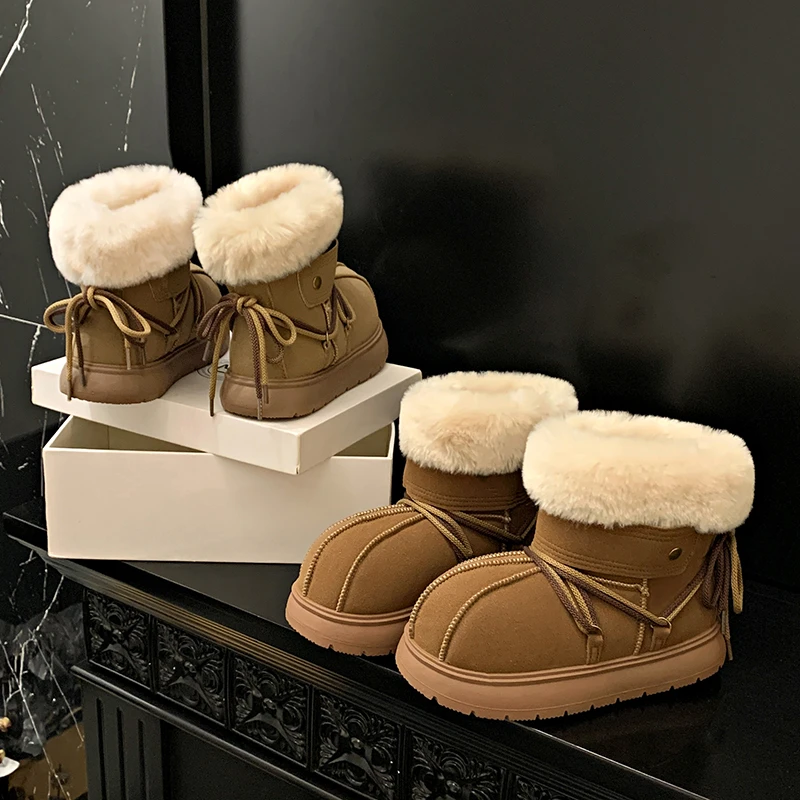 厚底增高毛毛雪地靴女款2024新款冬季加绒加厚绑带丑萌大头短靴子