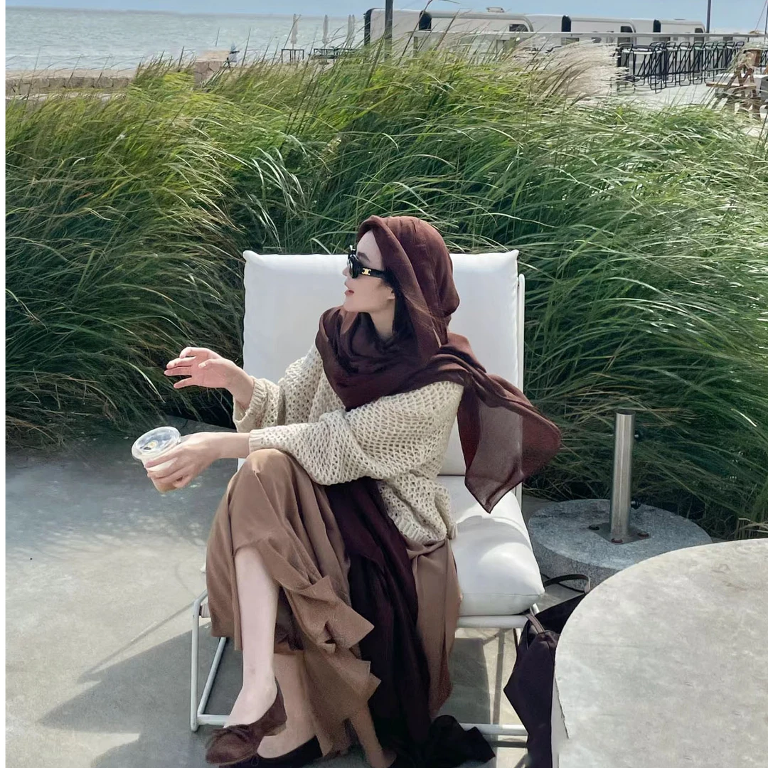 秋冬氛围感美拉德系春秋冬季时尚纯色棉麻围巾女咖啡棕色卡其驼色